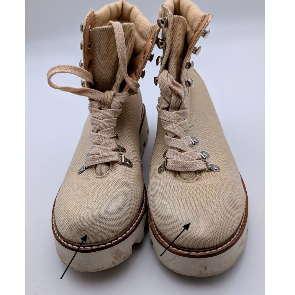 Women Canvas Hiking Boots Beige Lace Up Lug Sole Platform US 8
